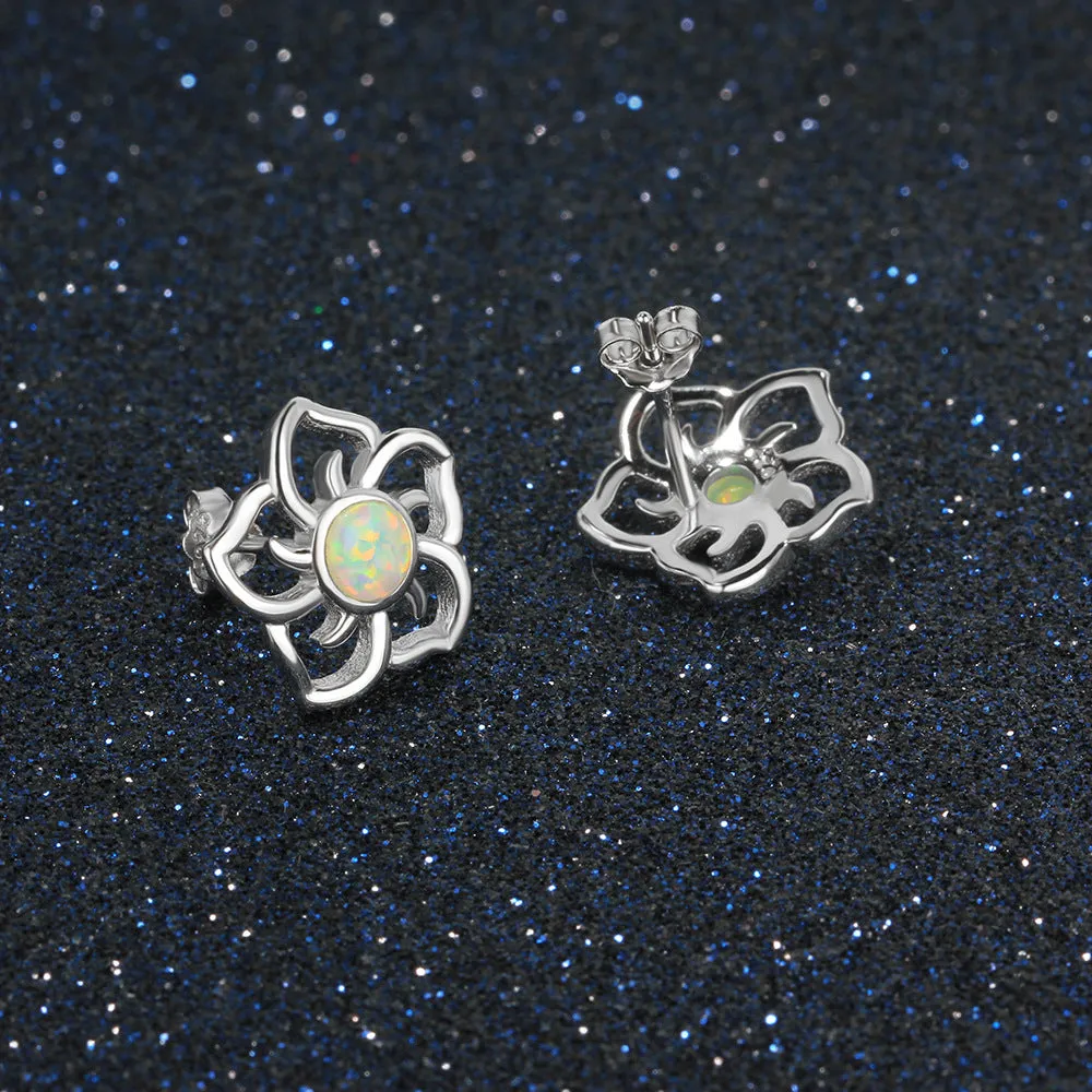 Hollow Plum Blossom Round Opal Sterling Silver Stud Earrings