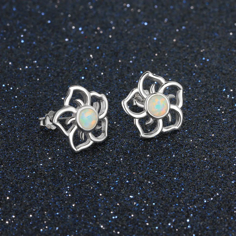 Hollow Plum Blossom Round Opal Sterling Silver Stud Earrings