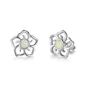 Hollow Plum Blossom Round Opal Sterling Silver Stud Earrings