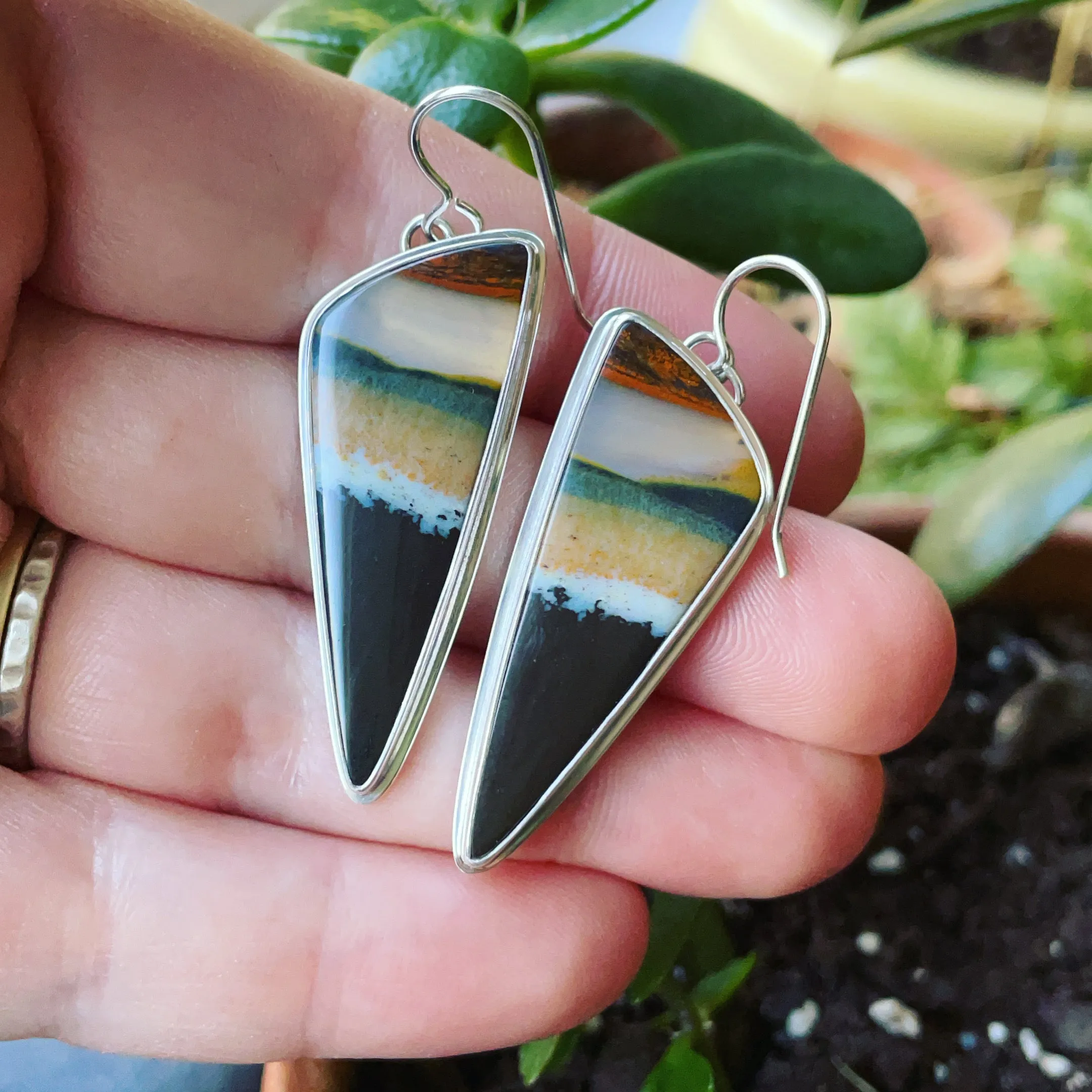 Indonesian Opalized Wood and Sterling Silver Earrings