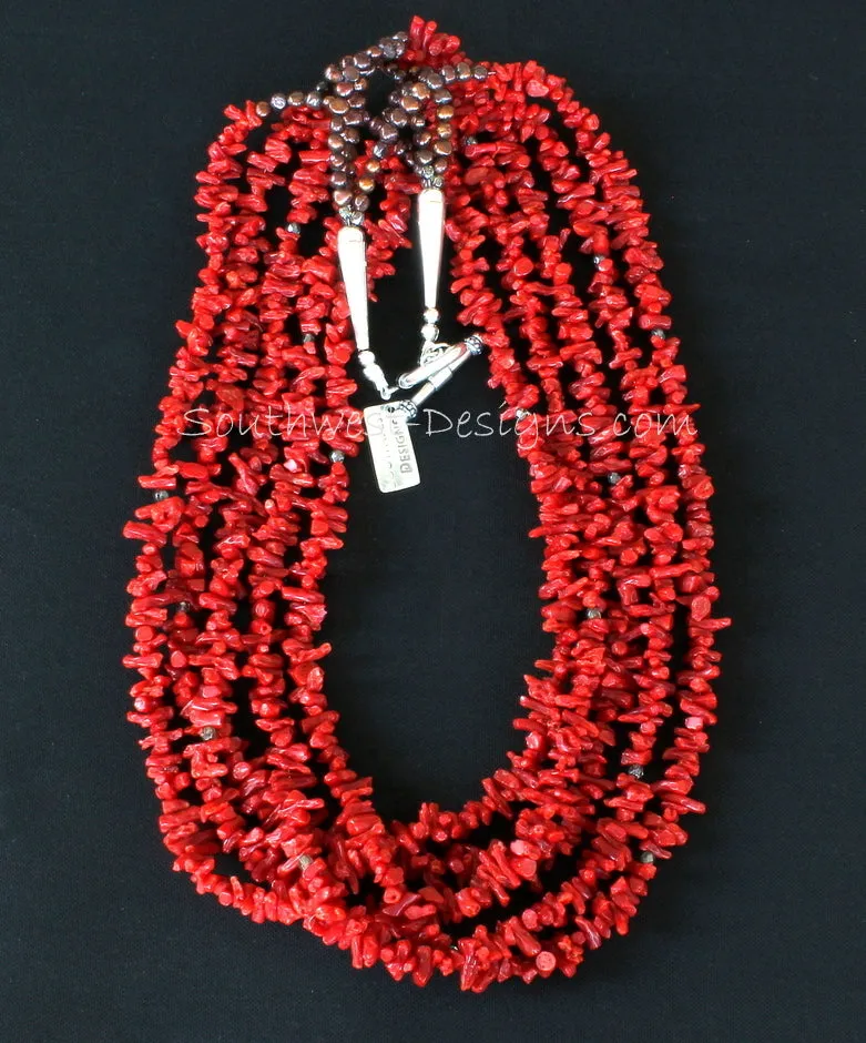 Italian Mediterranean Coral Cupolini 5-Strand Necklace with Fire Polished Glass, Bronze Nugget Pearls and Sterling Silver