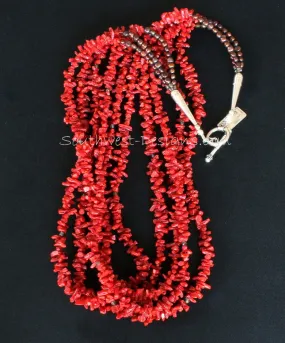 Italian Mediterranean Coral Cupolini 5-Strand Necklace with Fire Polished Glass, Bronze Nugget Pearls and Sterling Silver