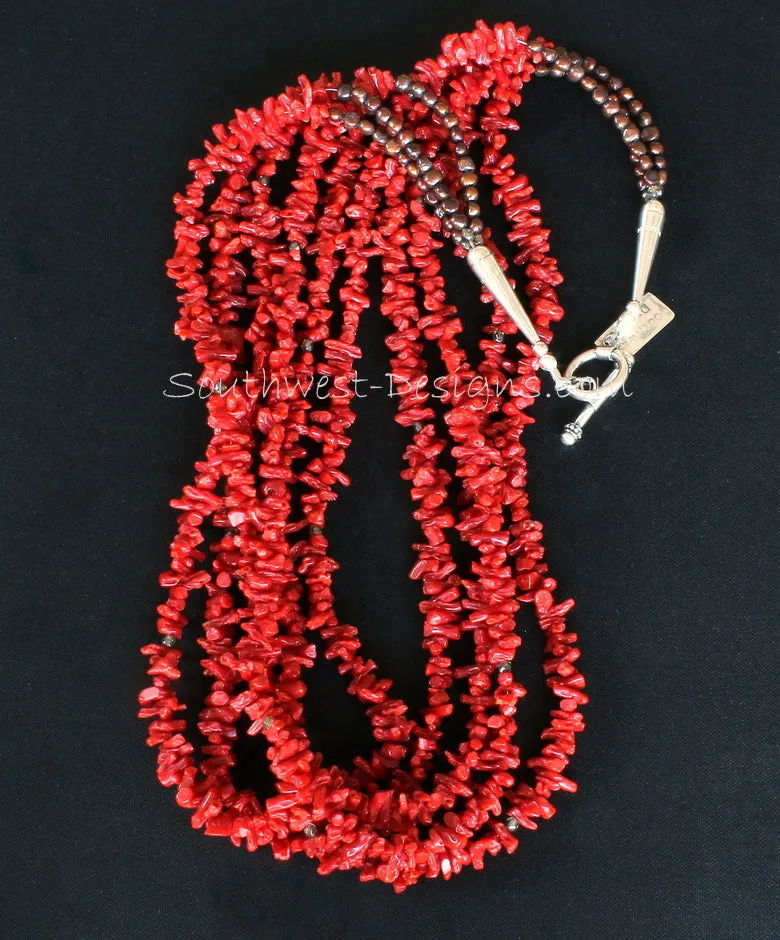 Italian Mediterranean Coral Cupolini 5-Strand Necklace with Fire Polished Glass, Bronze Nugget Pearls and Sterling Silver