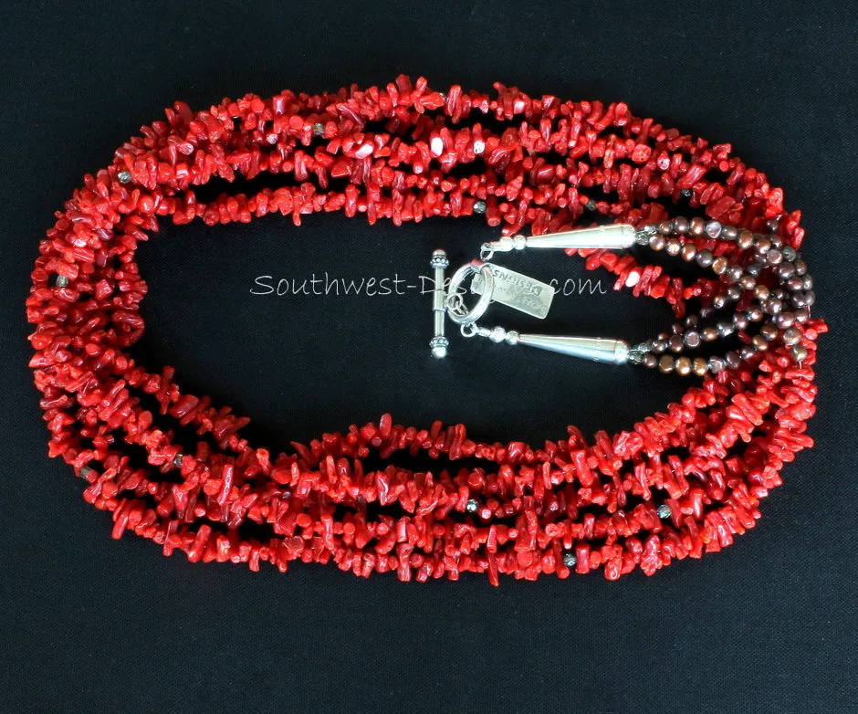 Italian Mediterranean Coral Cupolini 5-Strand Necklace with Fire Polished Glass, Bronze Nugget Pearls and Sterling Silver