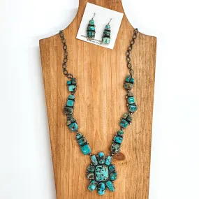 Jeff James | Navajo Handmade Sterling Silver & Kingman Turquoise Square Cluster Statement Necklace   Matching Earrings