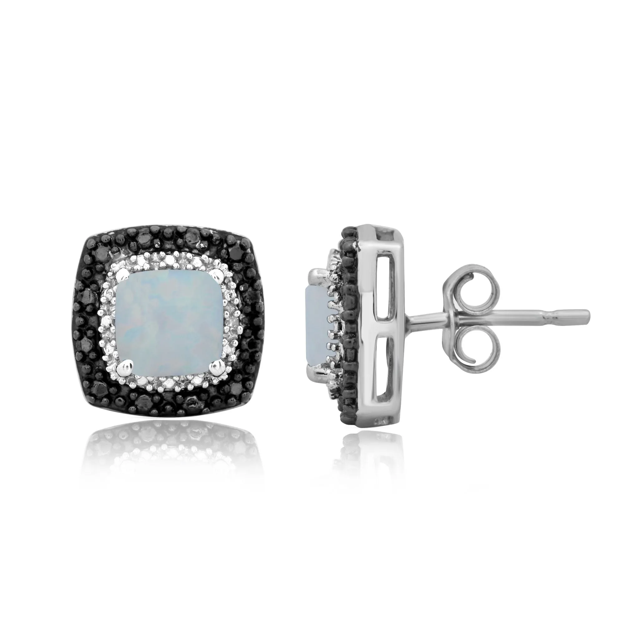 Jewelili Sterling Silver Cushion Created Opal with Black and White Diamonds Stud Earrings