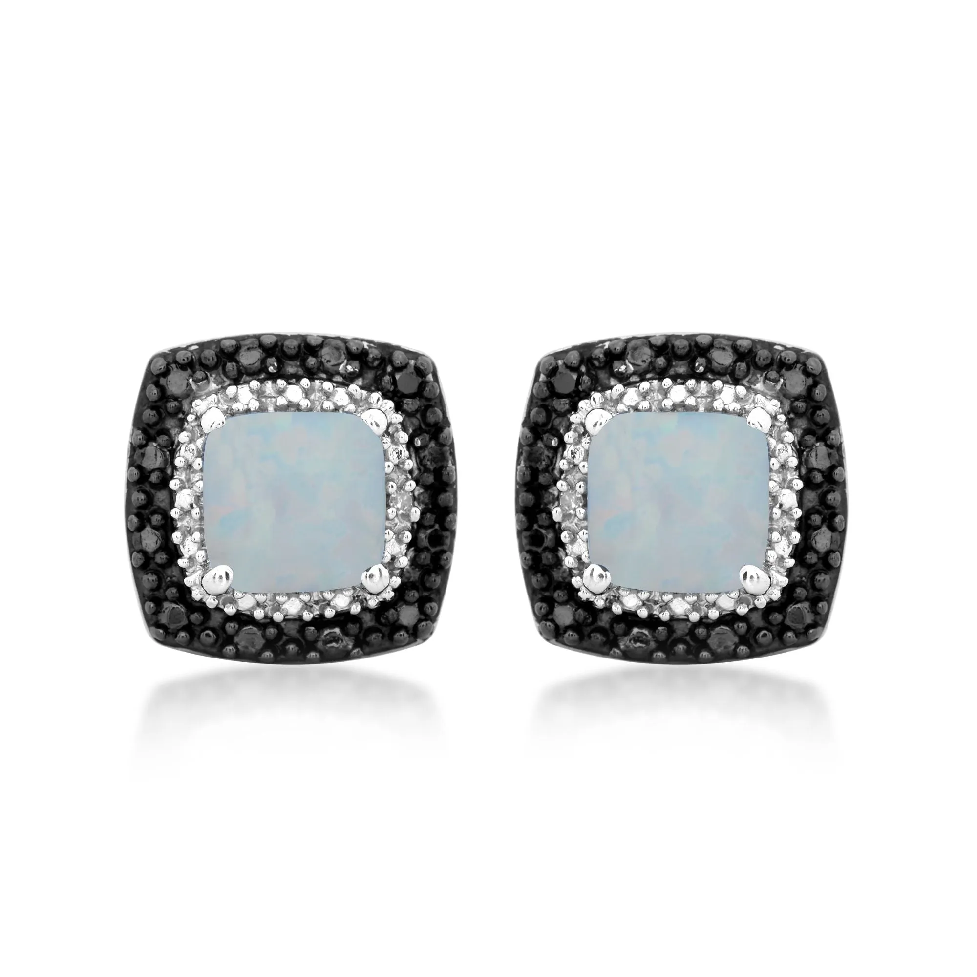 Jewelili Sterling Silver Cushion Created Opal with Black and White Diamonds Stud Earrings