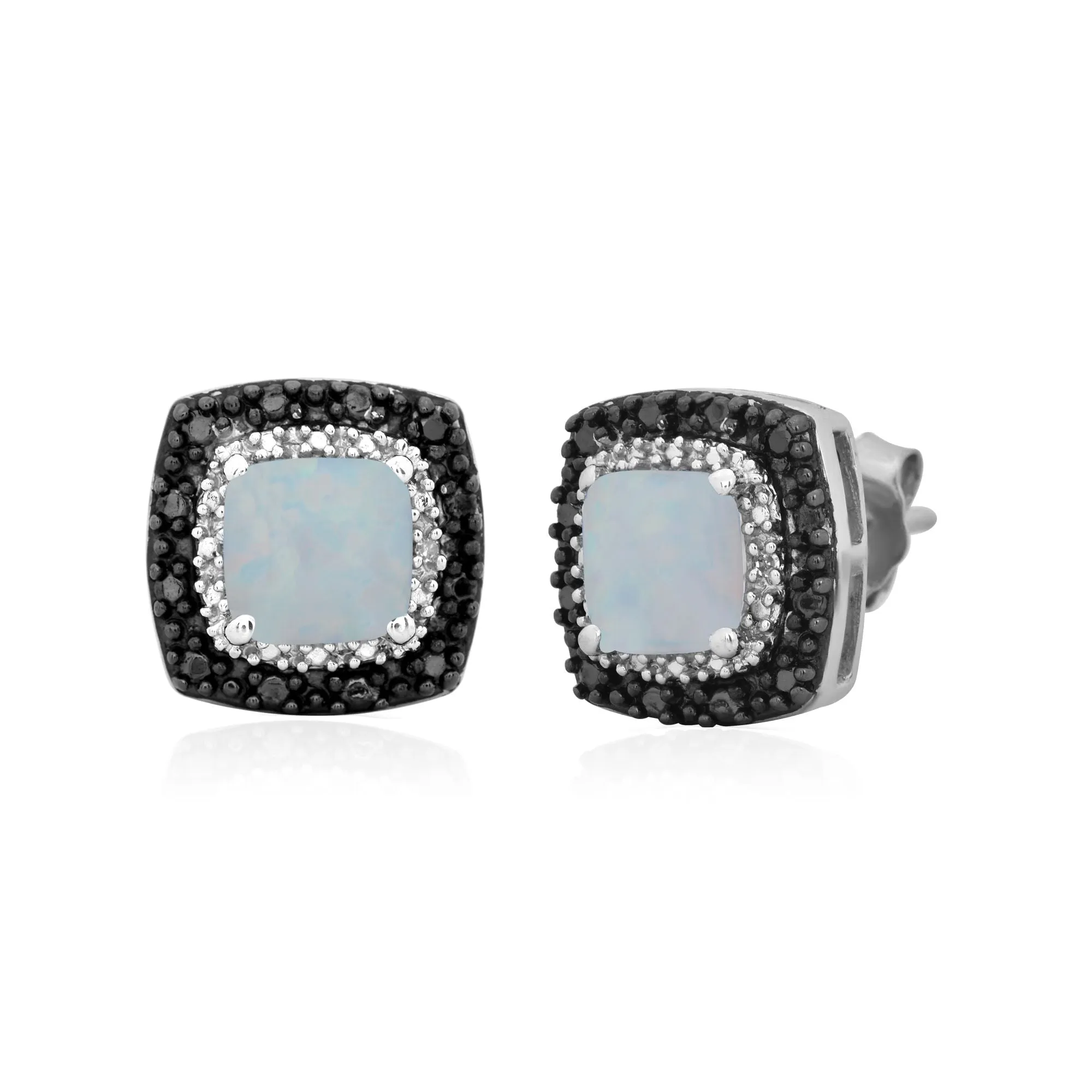 Jewelili Sterling Silver Cushion Created Opal with Black and White Diamonds Stud Earrings