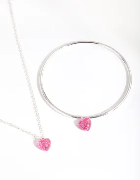 Kids Silver Pink Glitter Heart Necklace Bangle Pack