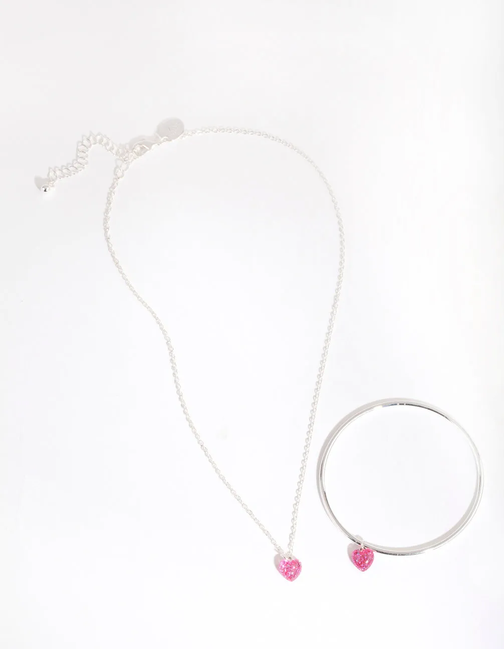 Kids Silver Pink Glitter Heart Necklace Bangle Pack