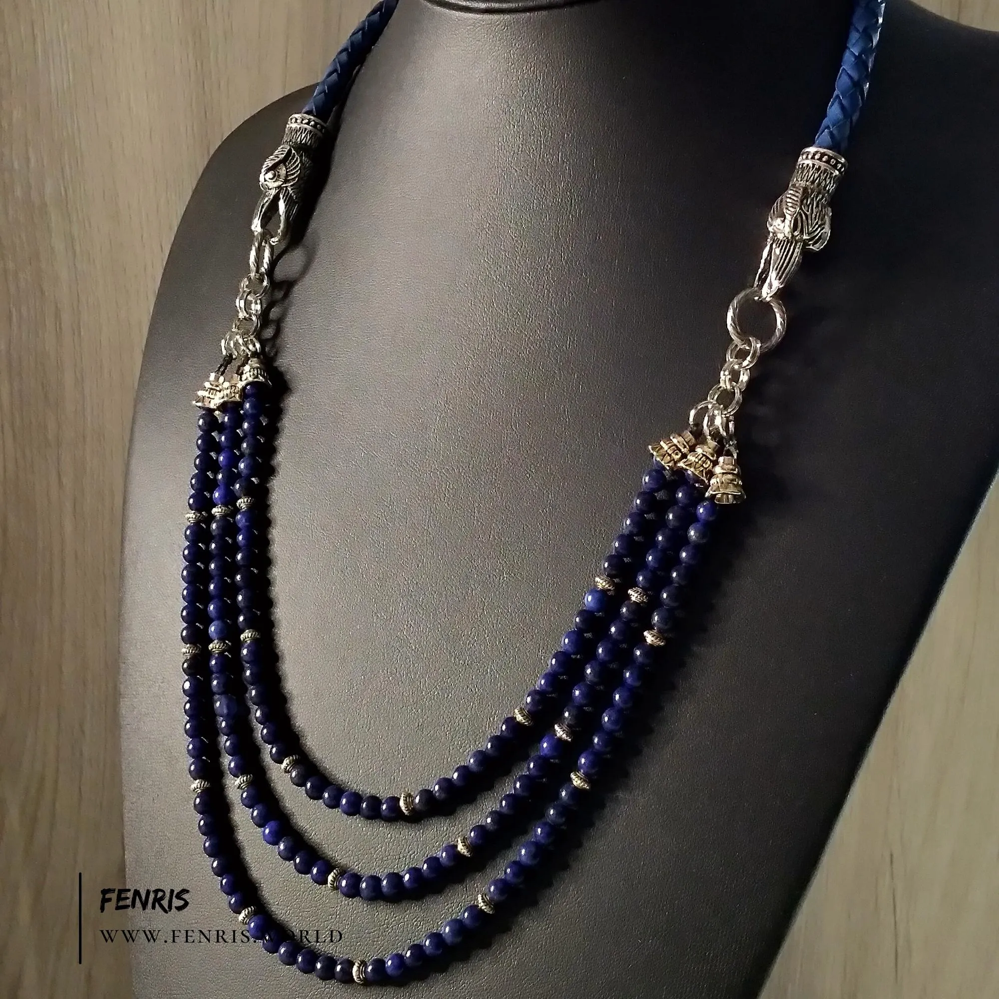 Lapis Lazuli Necklace Silver Ravens Blue Leather