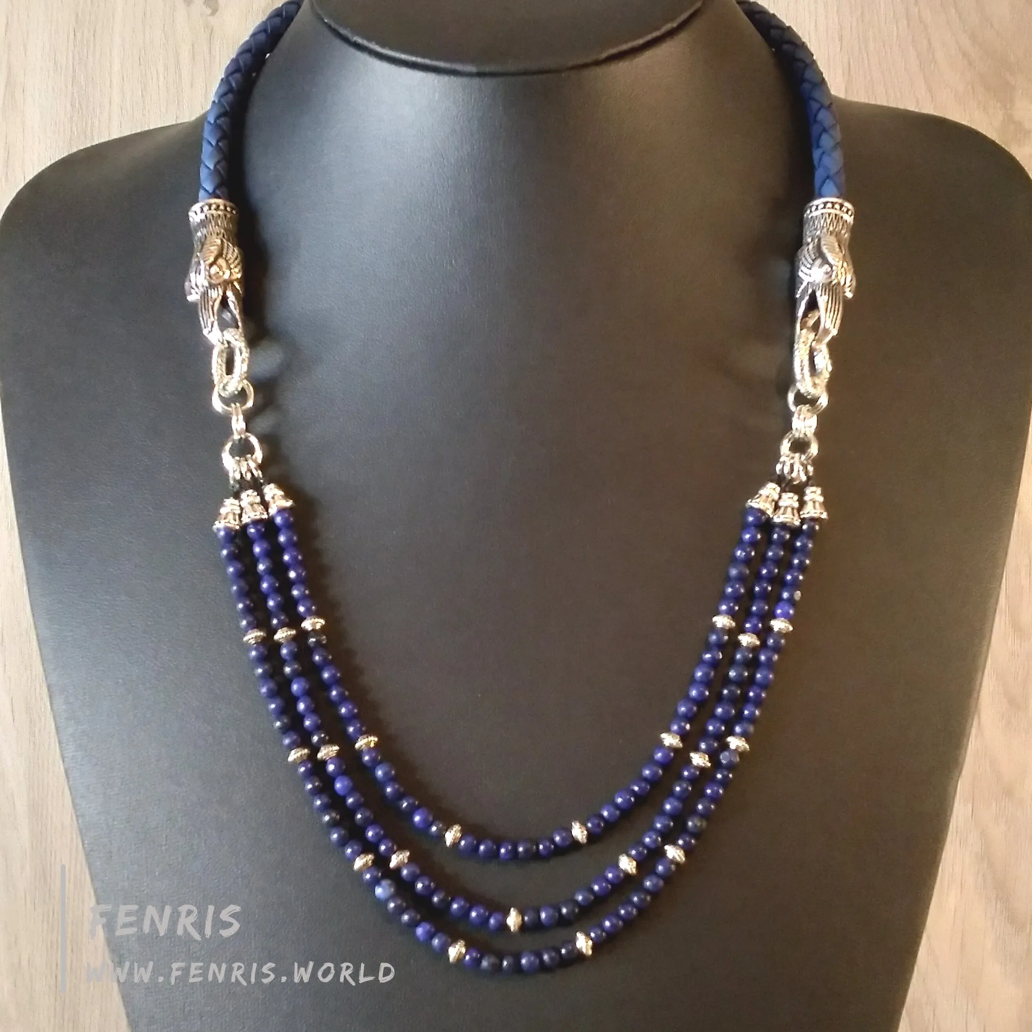 Lapis Lazuli Necklace Silver Ravens Blue Leather