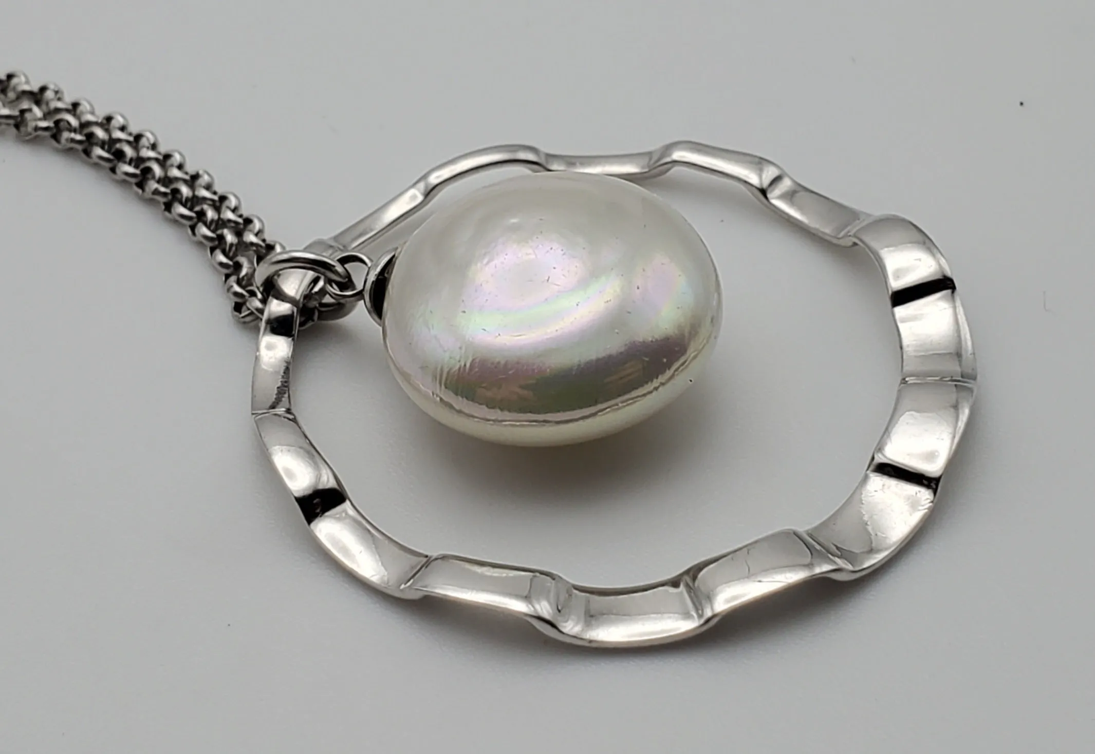 Large Faux Button Pearl Modern Sterling Silver Pendant on Sterling Silver Chain Necklace