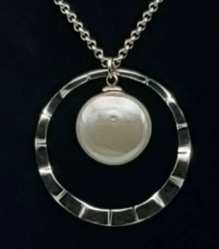 Large Faux Button Pearl Modern Sterling Silver Pendant on Sterling Silver Chain Necklace