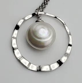 Large Faux Button Pearl Modern Sterling Silver Pendant on Sterling Silver Chain Necklace