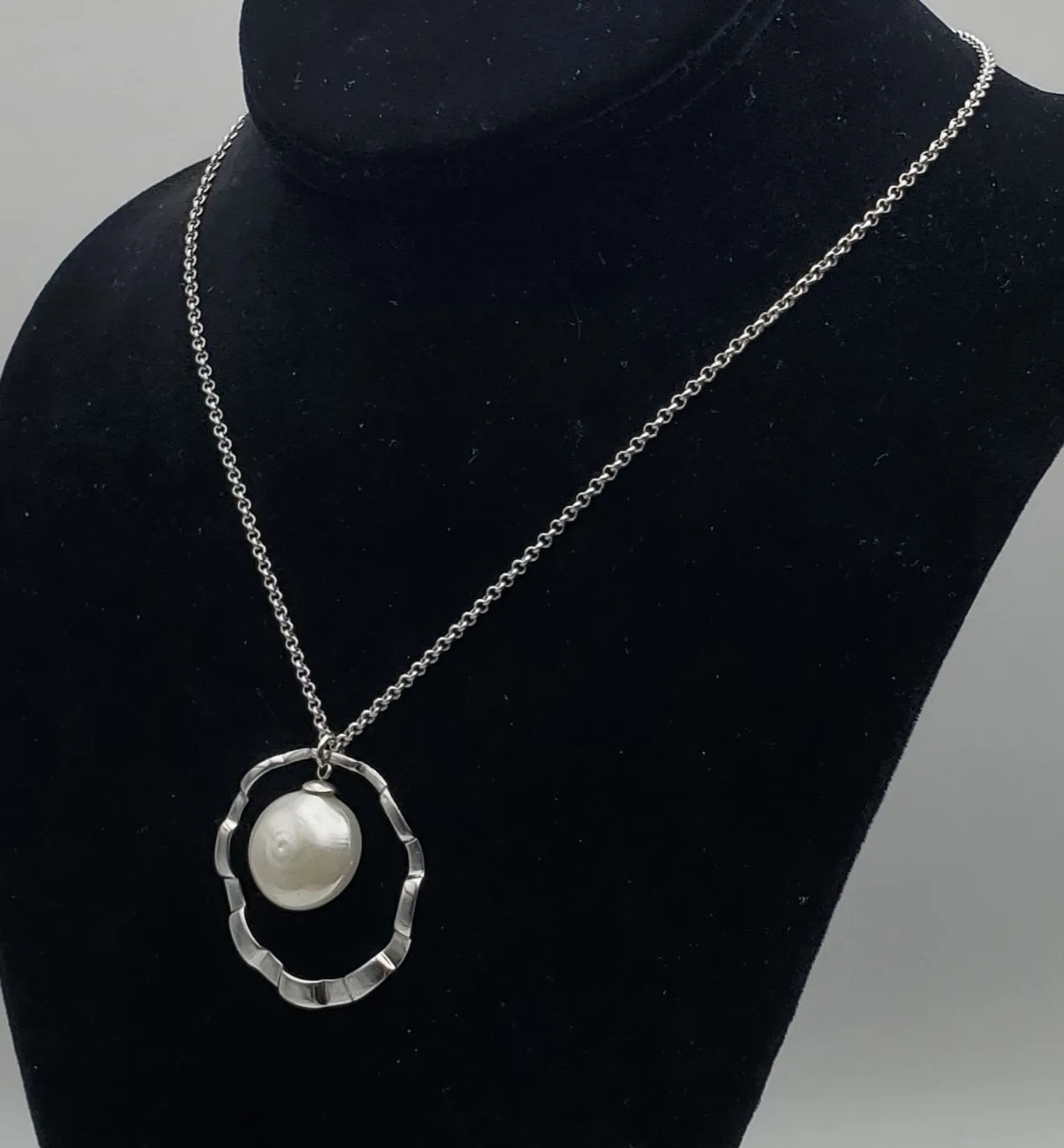 Large Faux Button Pearl Modern Sterling Silver Pendant on Sterling Silver Chain Necklace