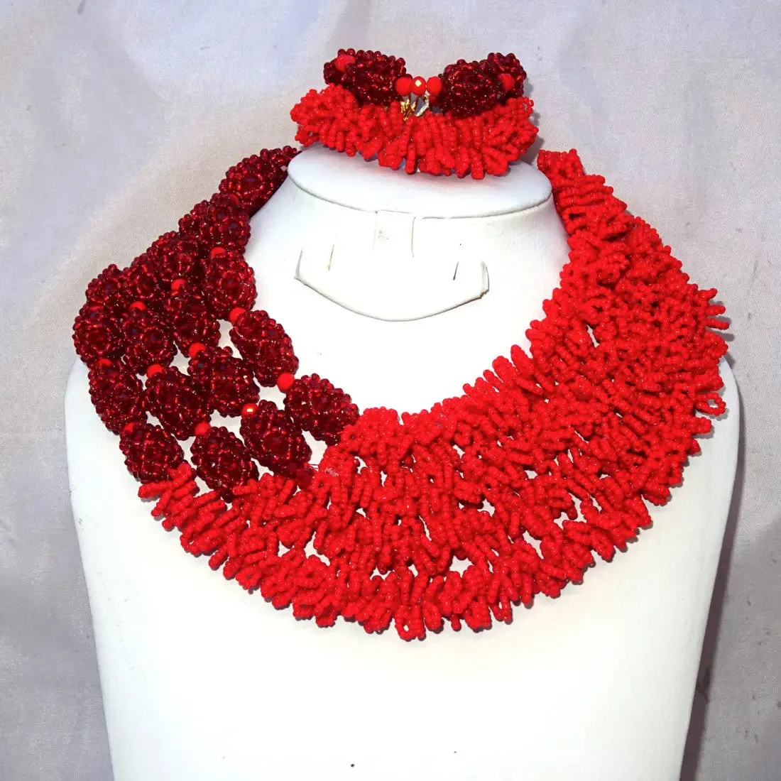 Latest Design 2 Red tones African Nigerian Wedding Beads Design Party Jewellery Set