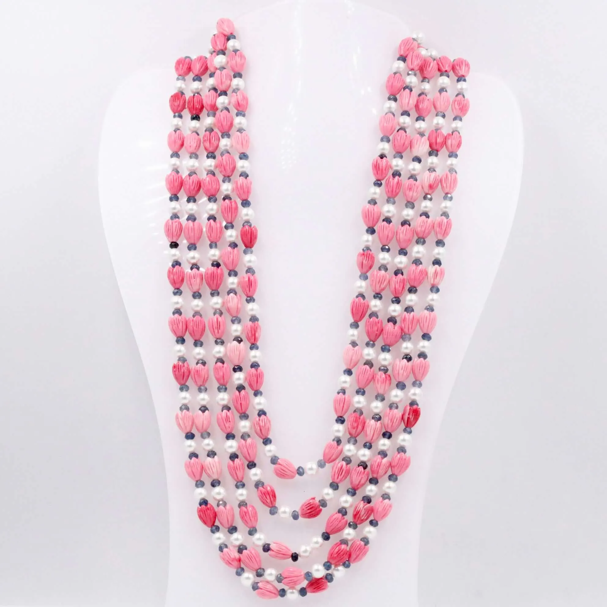 Layered Tulip w/ Shell Pearl Necklace Beaded Necklace Resin Tulip w/ Mother Of Pearl & Quartz Gemstone Necklace SKU 6143292