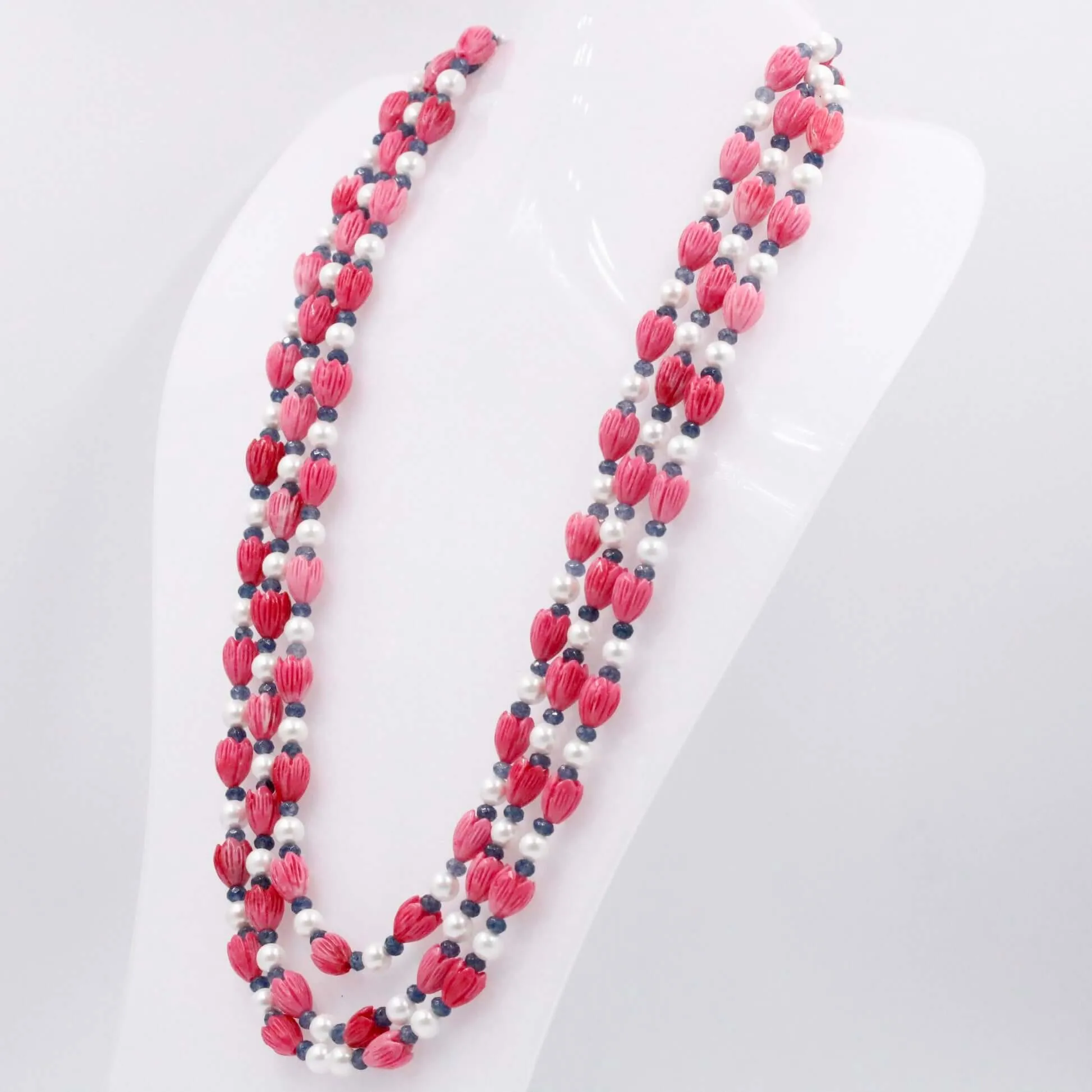 Layered Tulip w/ Shell Pearl Necklace Beaded Necklace Resin Tulip w/ Mother Of Pearl & Quartz Gemstone Necklace SKU 6143292