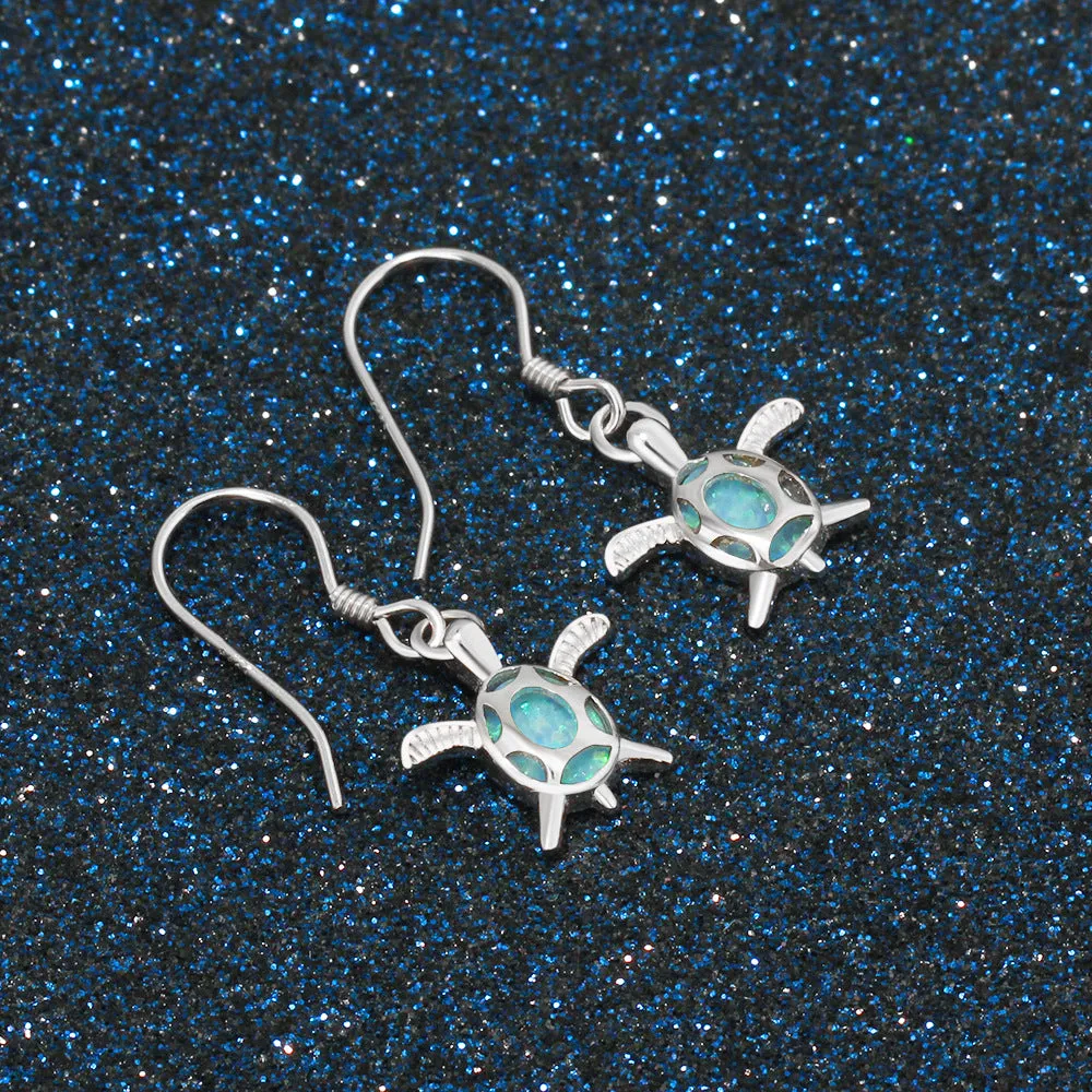 Little Turtle Pendant Blue Opal Sterling Silver Hook Earrings