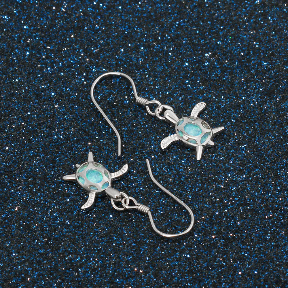 Little Turtle Pendant Blue Opal Sterling Silver Hook Earrings