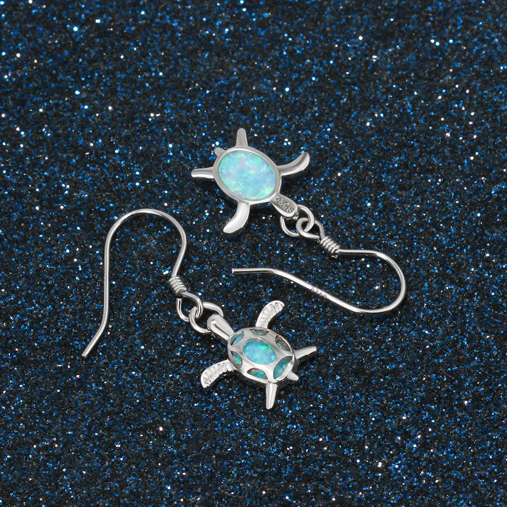 Little Turtle Pendant Blue Opal Sterling Silver Hook Earrings