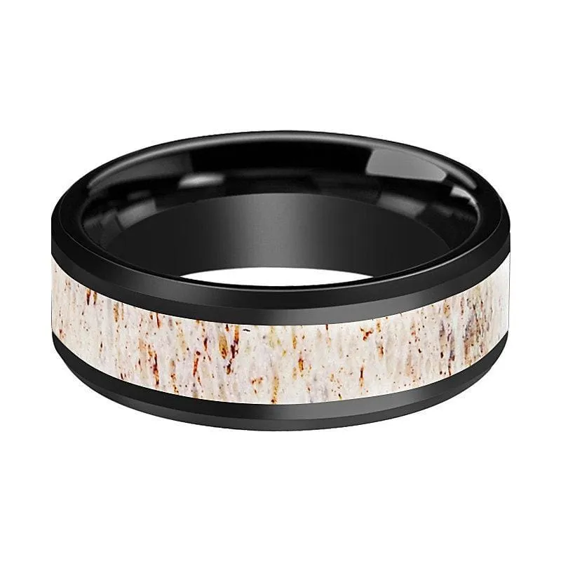 Men's Beveled Black Ceramic Wedding Band W/ White Antler Inlay - 8mm