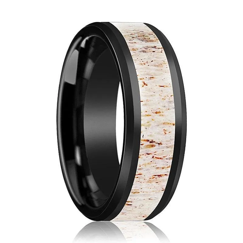 Men's Beveled Black Ceramic Wedding Band W/ White Antler Inlay - 8mm