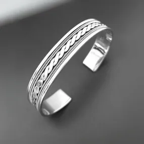 Men's Celtic Style Sterling Silver Plait Bangle | Unique Silver Cuff Bracelet