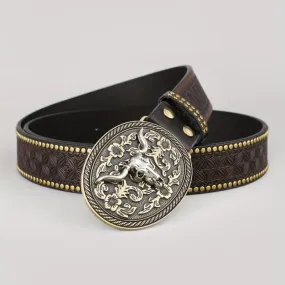 Men's Dark Brown Bull Head Embossed Leather Belt