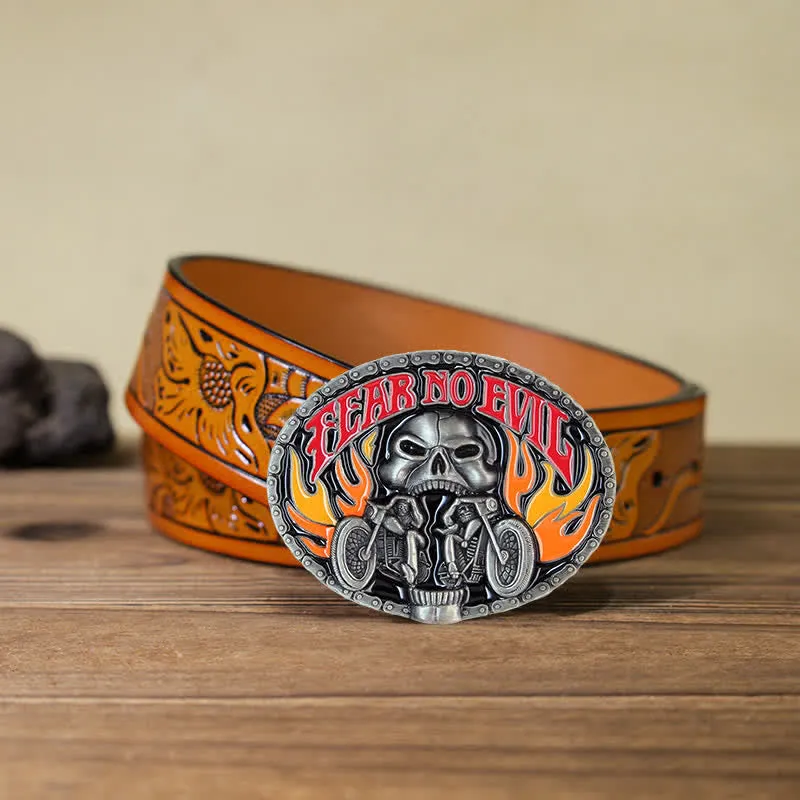 Men's DIY Fear No Evil Skull Motorcycle Buckle Leather Belt