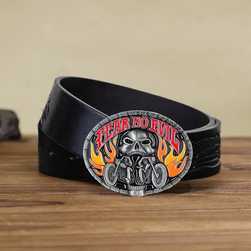 Men's DIY Fear No Evil Skull Motorcycle Buckle Leather Belt