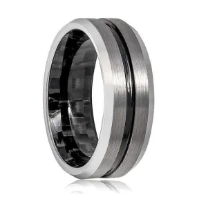 Men's Tungsten Carbide Ring With Black Grooved Center & Carbon Fiber Inside 8mm