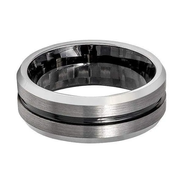 Men's Tungsten Carbide Ring With Black Grooved Center & Carbon Fiber Inside 8mm