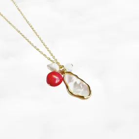 Mother Pearl and Red Coral Cluster Pendant Necklace