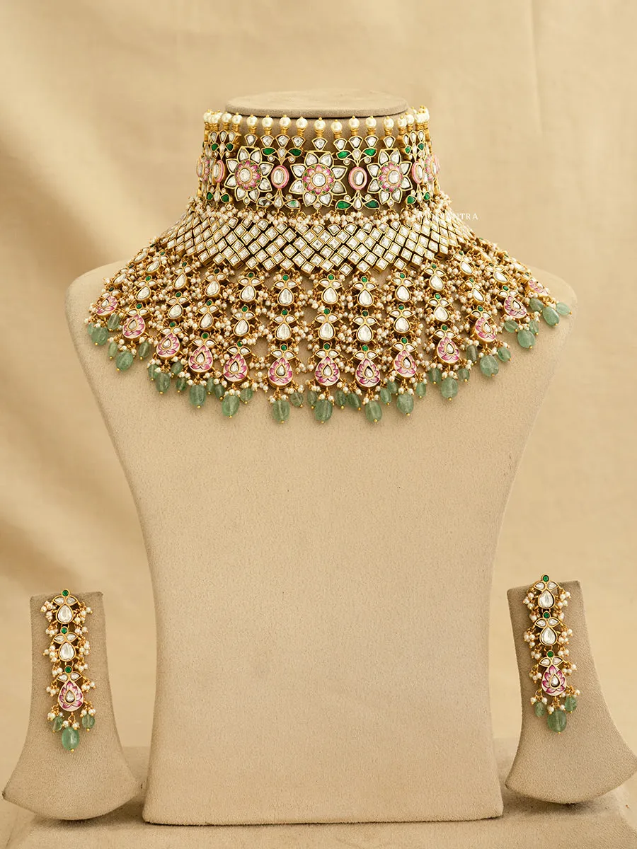 Multicolor Gold Plated Jadau Kundan Bridal Necklace Set - MS1903M