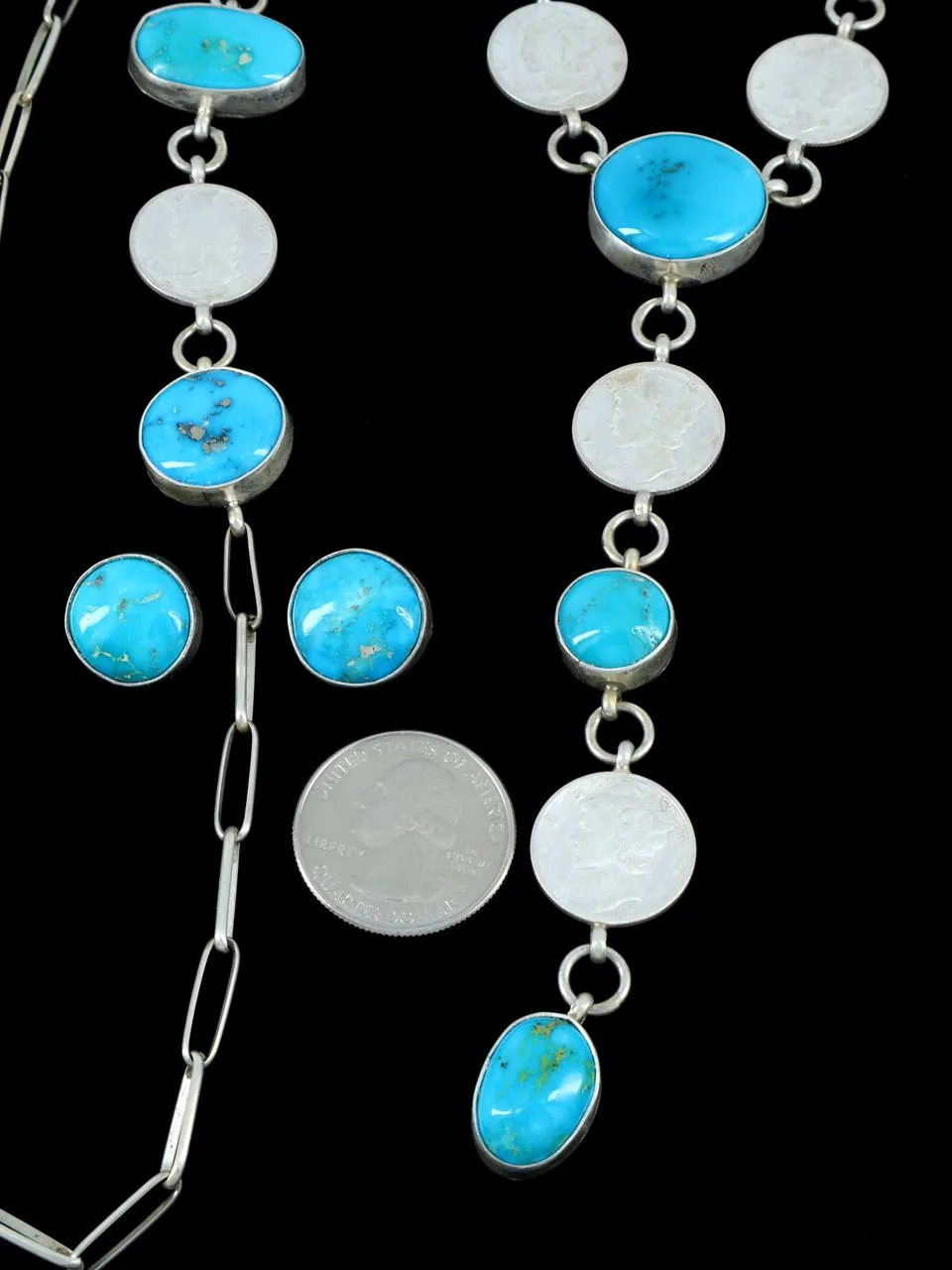 Native American Sterling Silver Turquoise and Mercury Dime Lariat Necklace Set