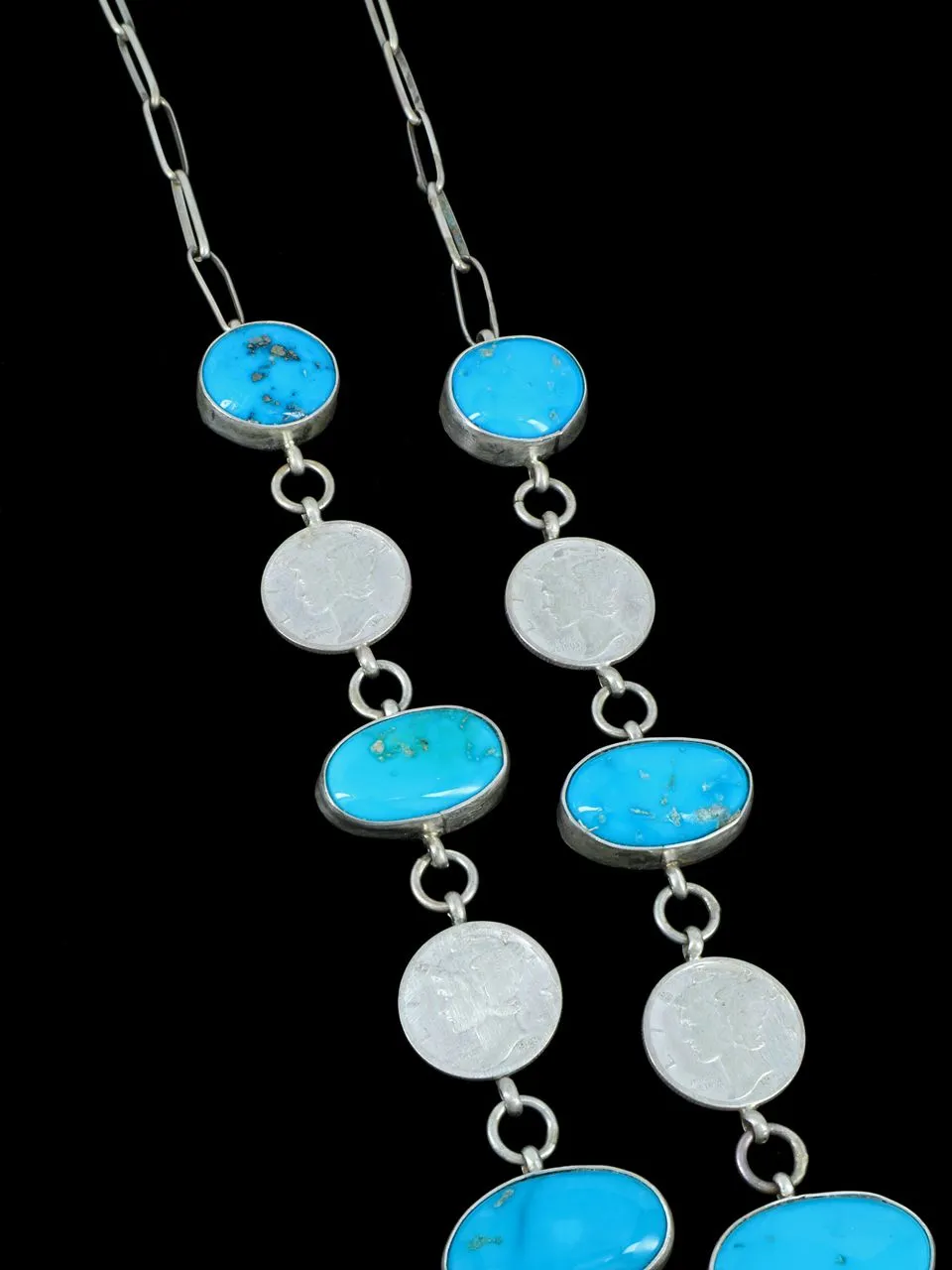 Native American Sterling Silver Turquoise and Mercury Dime Lariat Necklace Set