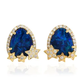 Natural Diamond Opal Doublet Star Design 18k Yellow Gold Stud Earrings