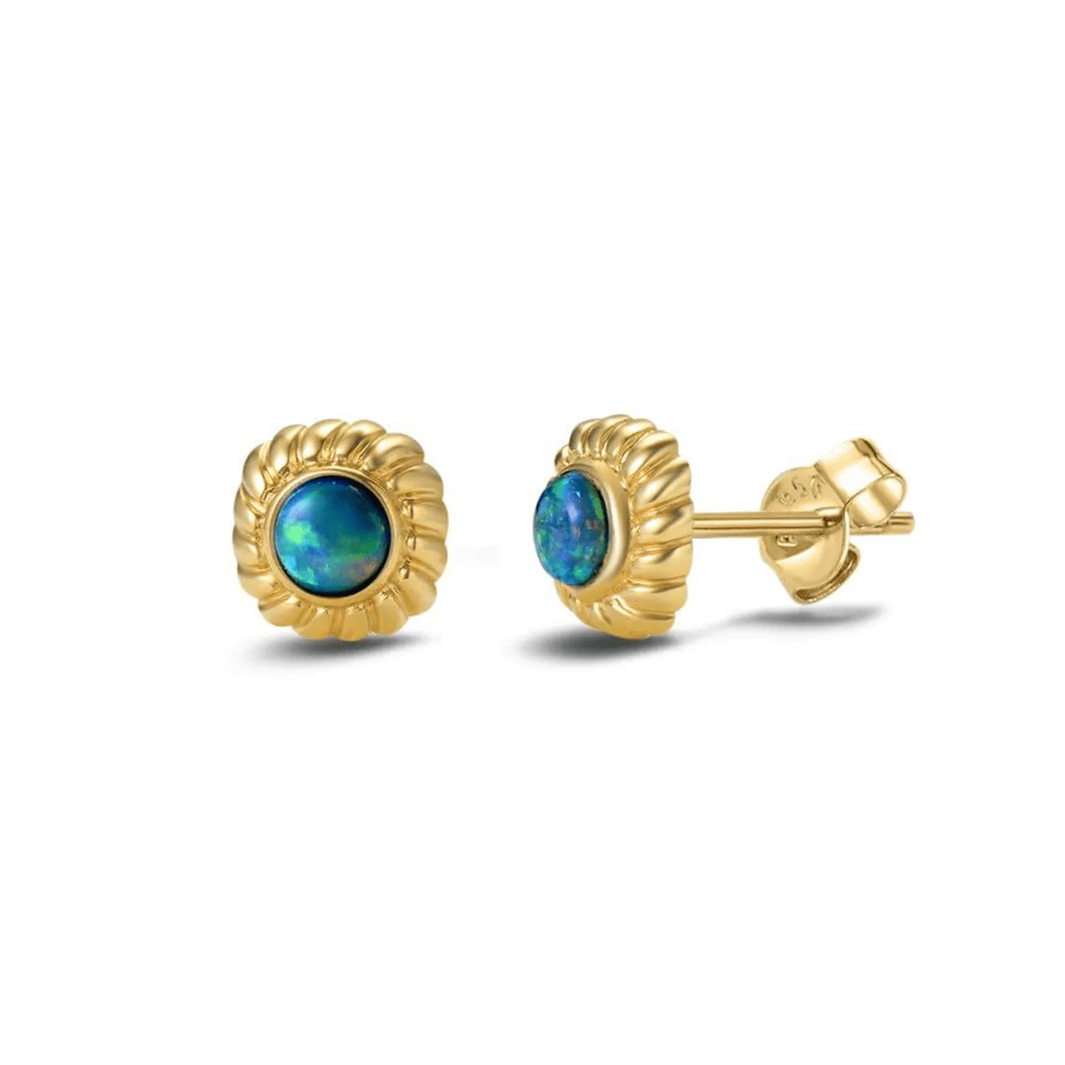 Natural Fire Blue Opal 18K Solid Yellow Gold Small Stud Earrings