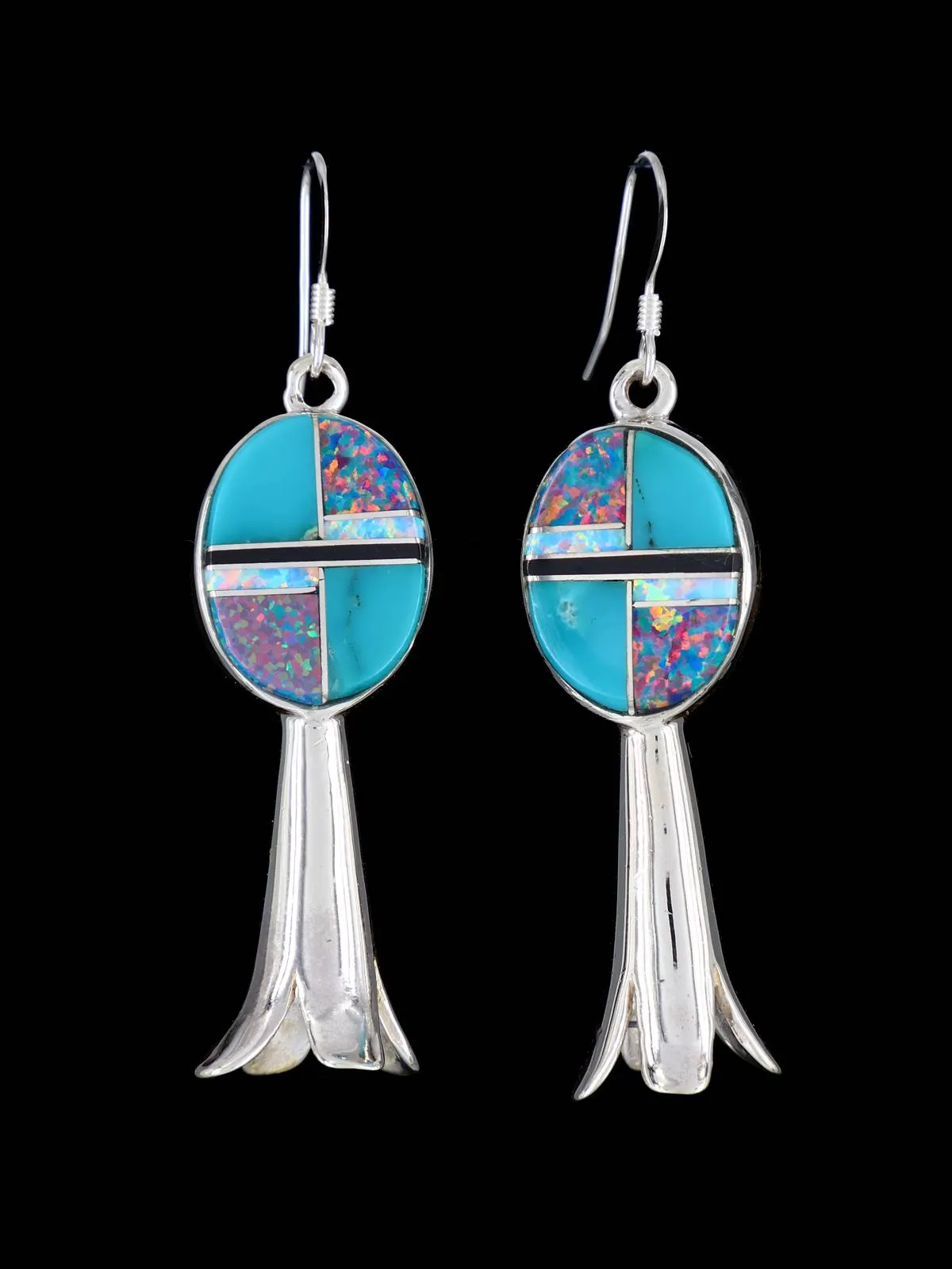 Navajo Spiderweb Opal and Turquoise Sterling Silver Dangle Earrings