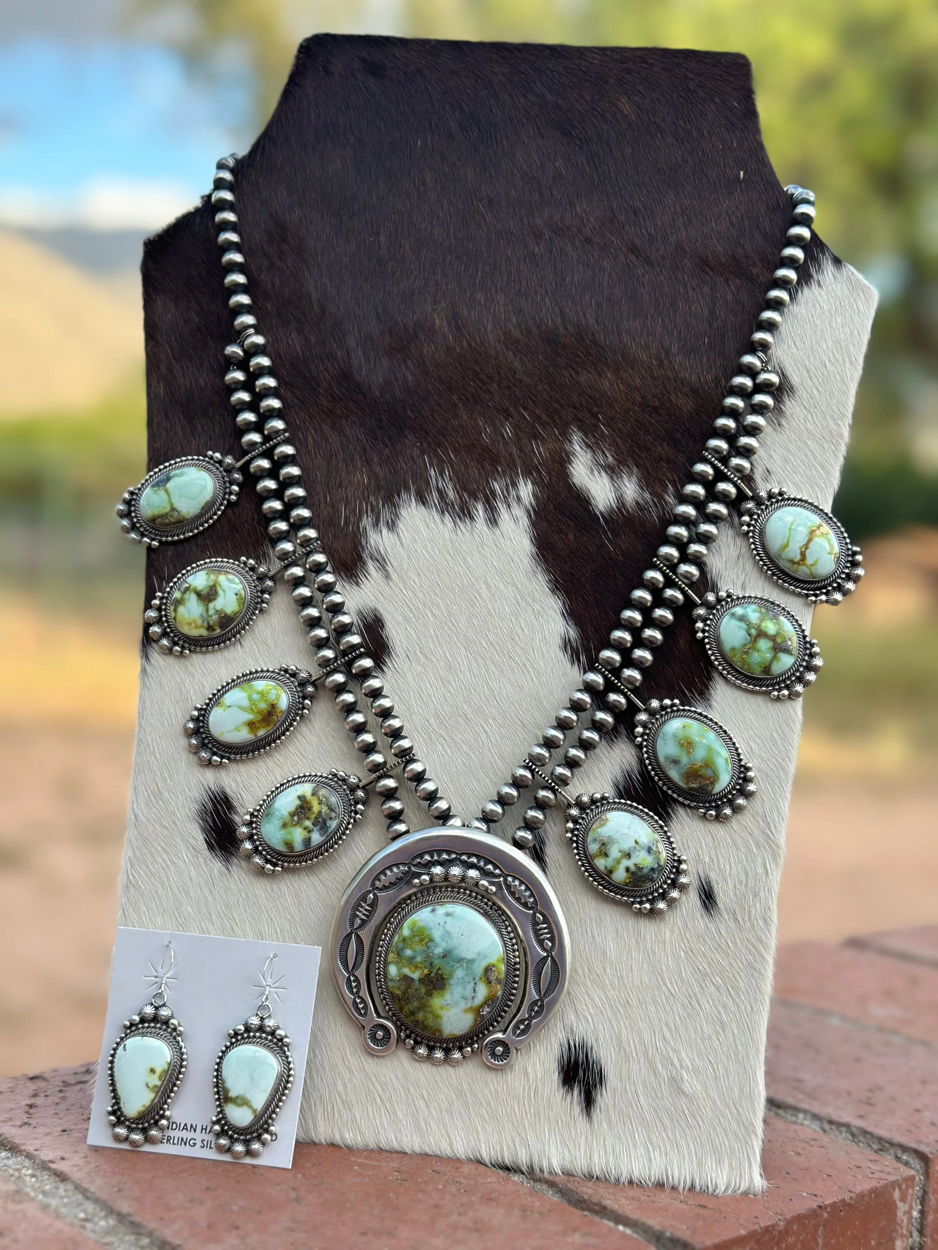 Navajo Sterling Silver & Palomino Turquoise Squash Blossom Necklace and Earring Set