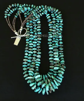 Nevada Turquoise Graduated Nugget 4-Strand Necklace with Olive Shell Heishi, Metallic Crystal Bicones, and Sterling Silver Toggle Clasp