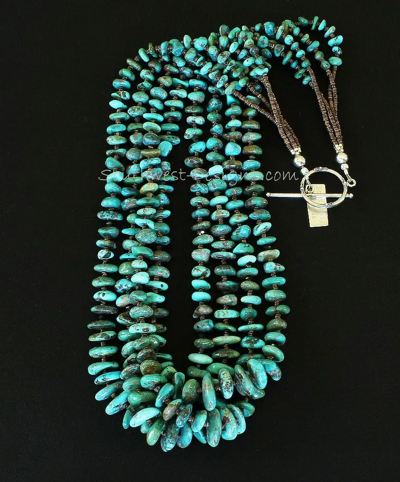 Nevada Turquoise Graduated Nugget 4-Strand Necklace with Olive Shell Heishi, Metallic Crystal Bicones, and Sterling Silver Toggle Clasp