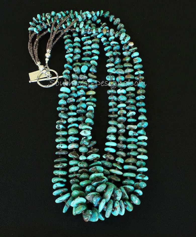 Nevada Turquoise Graduated Nugget 4-Strand Necklace with Olive Shell Heishi, Metallic Crystal Bicones, and Sterling Silver Toggle Clasp