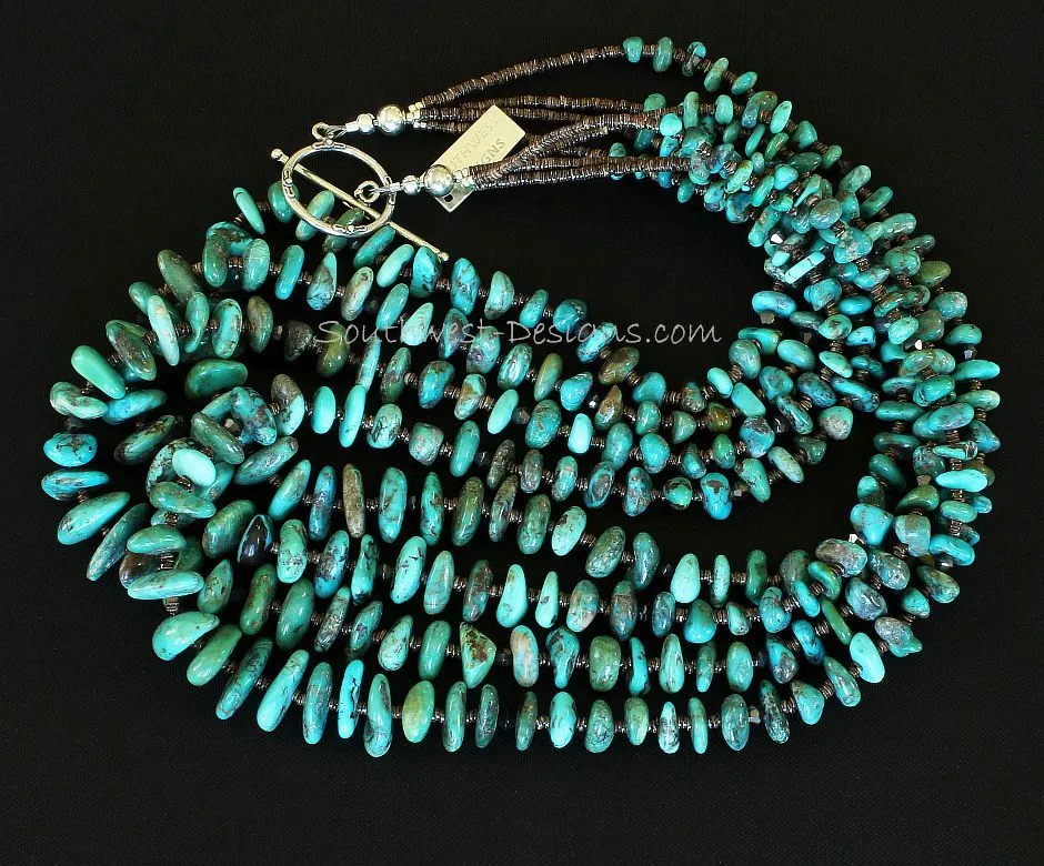 Nevada Turquoise Graduated Nugget 4-Strand Necklace with Olive Shell Heishi, Metallic Crystal Bicones, and Sterling Silver Toggle Clasp