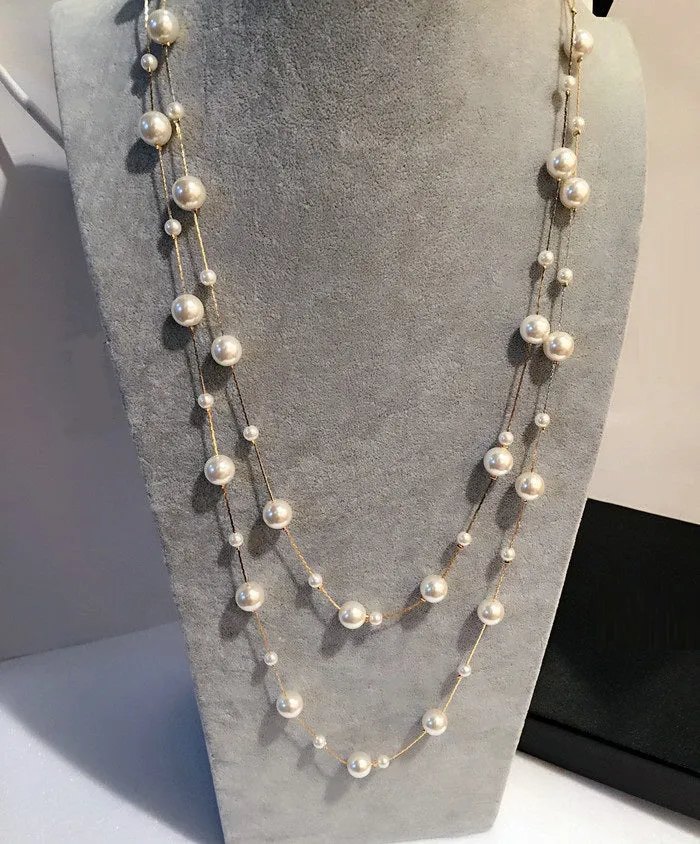 New arrival classic double layers simulated pearl long necklace women bijoux fashion jewelry gift