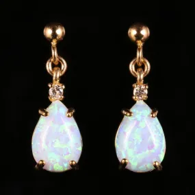 Opal Diamond Dropper Earrings 9Ct Gold 3Ct Opal