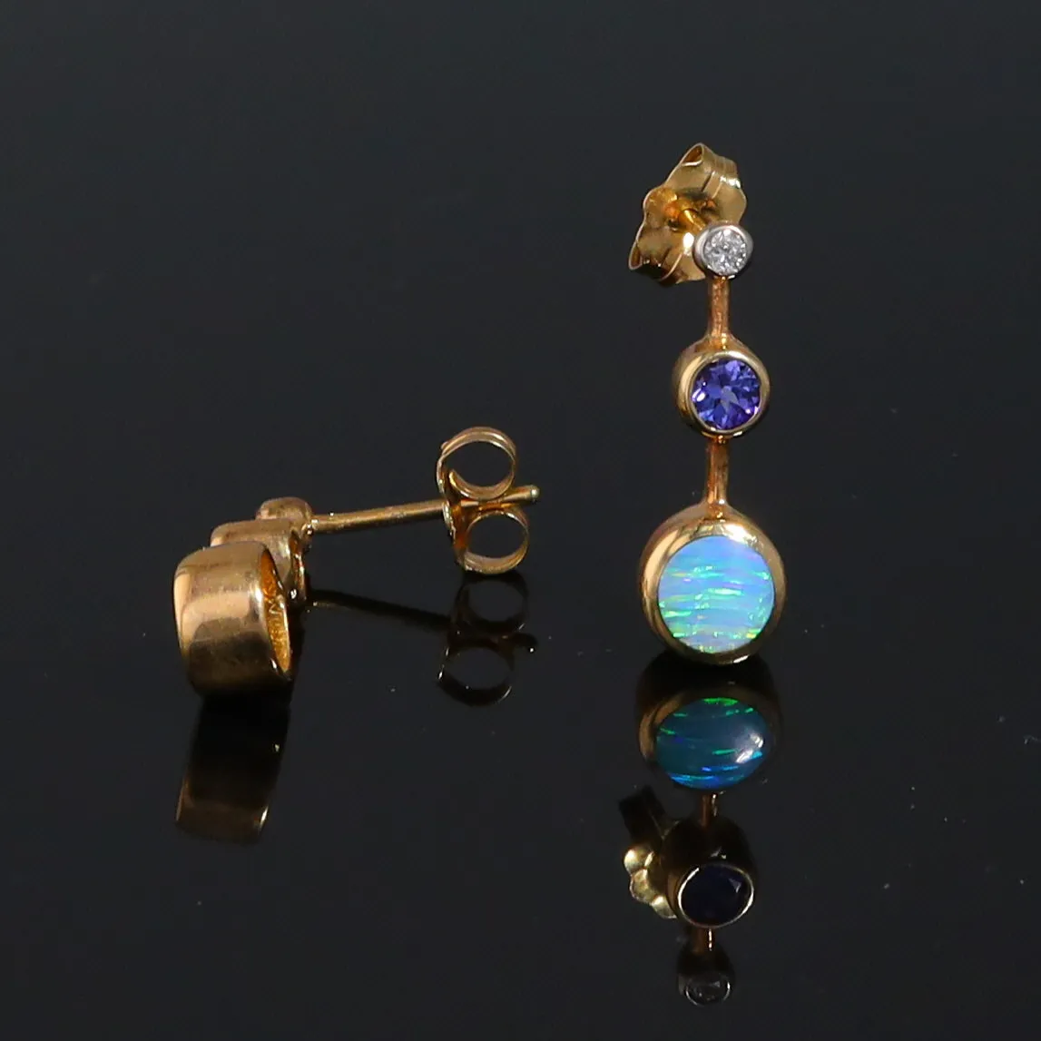 Opal Earrings Inlaid Design with Tanzanite and .04ctw Round Diamonds