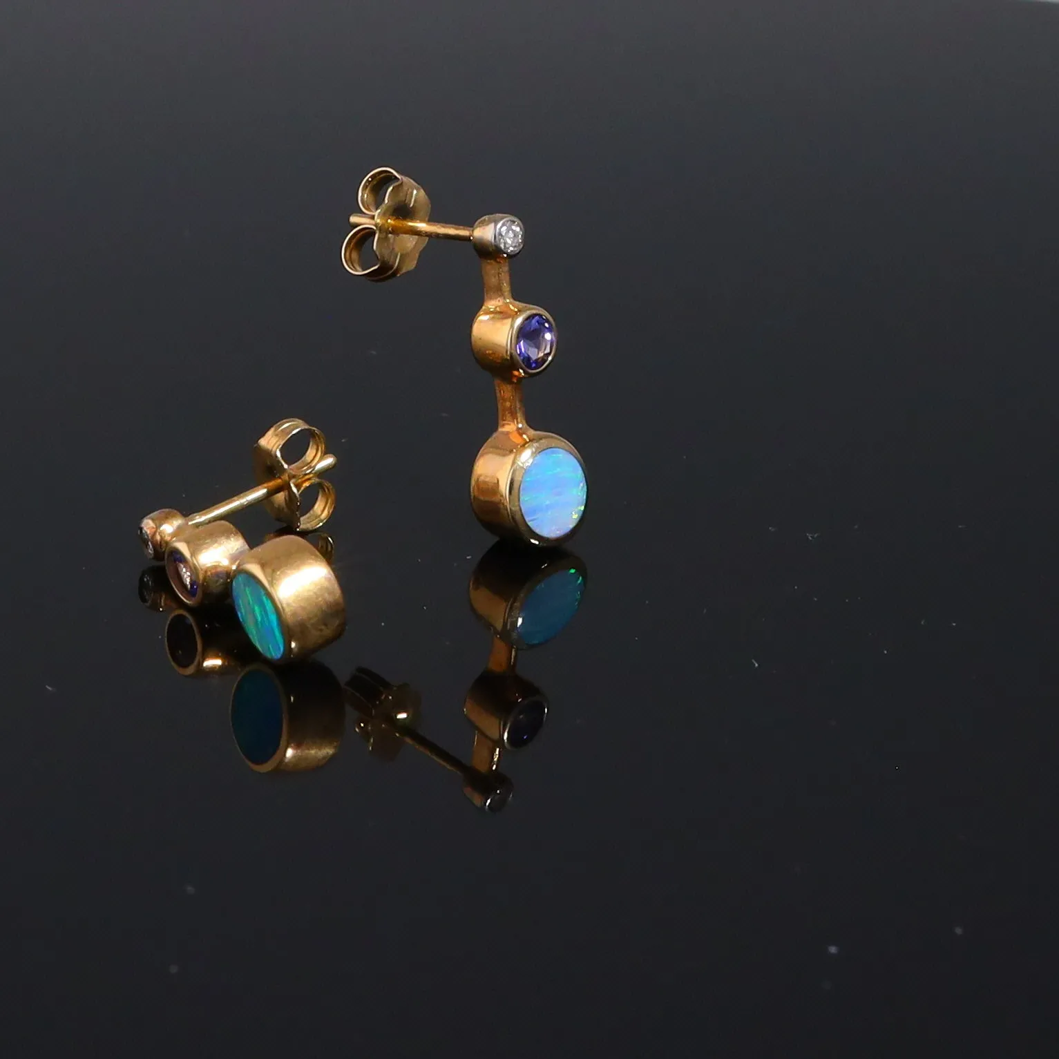 Opal Earrings Inlaid Design with Tanzanite and .04ctw Round Diamonds